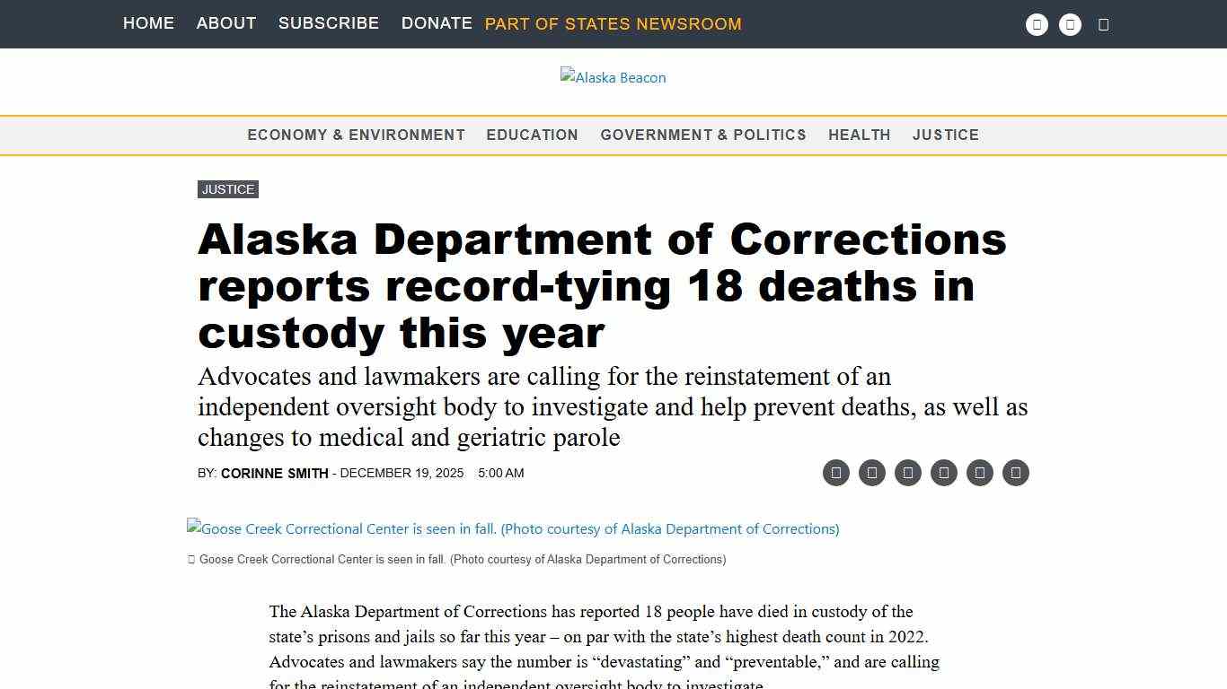 Alaska Department of Corrections reports record-tying 18 deaths in custody this year Alaska Beacon